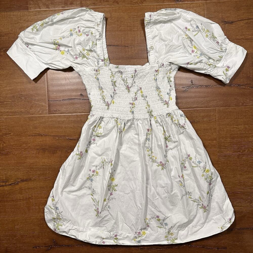 Ganni Poplin Mini Dress Women 40 White Floral Woven Cotton Smock Whimsy ChicGlam